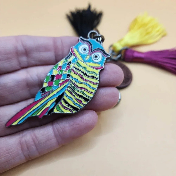 Sakroots Metal Owl & Tassels Bag Purse Charm Green Blue Purple 2 Inch - New - Picture 2 of 4